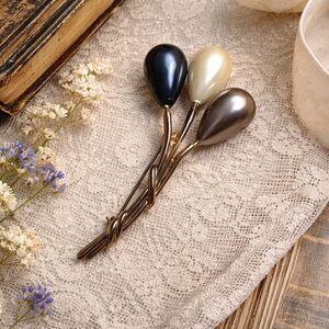 Vintage MCM 3 Pearl Balloon Brooch Pin Teardrop Cabochon Twig Stem 2.75”